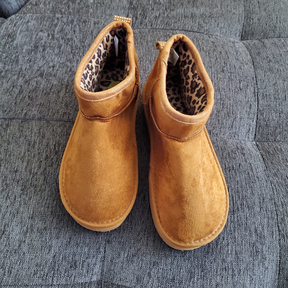 Bebe Camel Suede Ankle Boots with Animal Print Lining